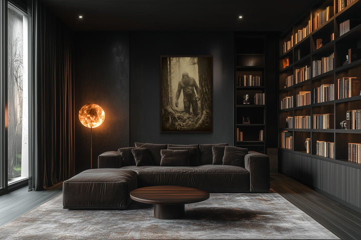 Framed Bigfoot photograph canvas wall art hanging in a dark, modern living room with a large sofa.