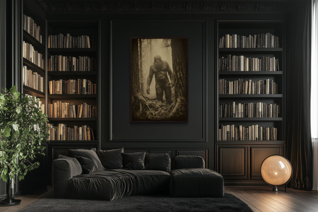 Bigfoot realistic photograph framed canvas wall art in a dark, modern library setting.
