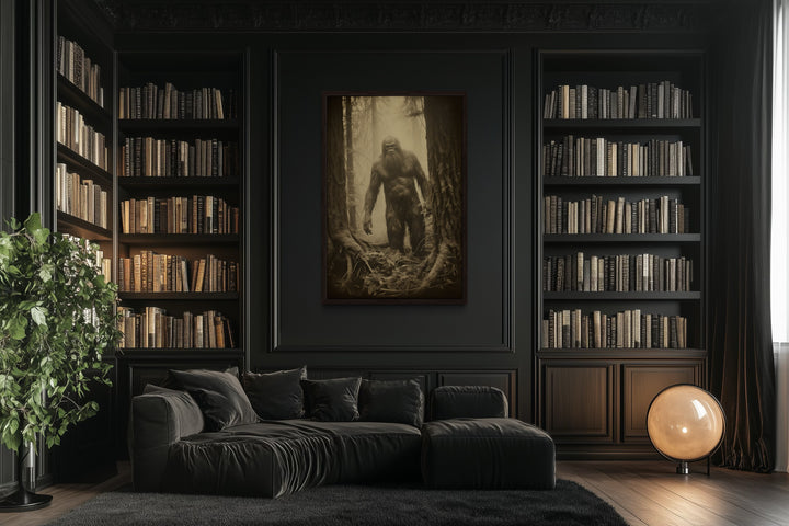 Bigfoot realistic photograph framed canvas wall art in a dark, modern library setting.