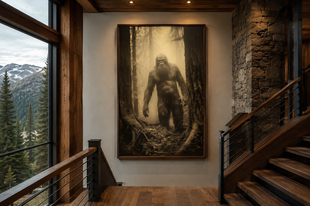 Framed canvas wall art of a realistic Bigfoot standing in a misty forest for man cave decor.