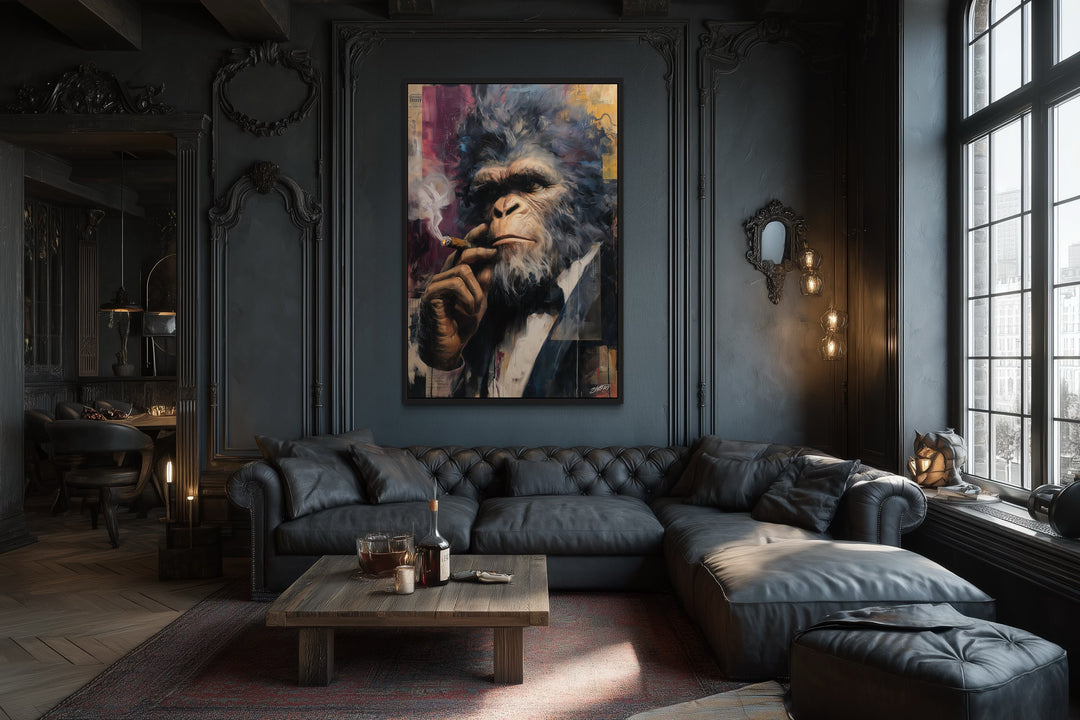 Bigfoot smoking cigar framed canvas wall art in a dark, sophisticated lounge with a leather sofa.