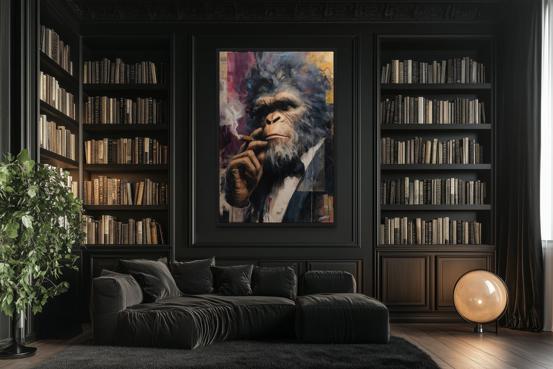 Bigfoot smoking cigar framed canvas wall art in a dark, modern office with bookshelves and a sofa.