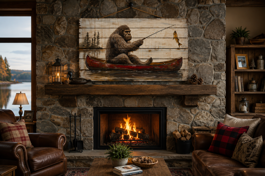 Bigfoot fishing in a red canoe on a distressed wood plank wall art piece above a stone fireplace.