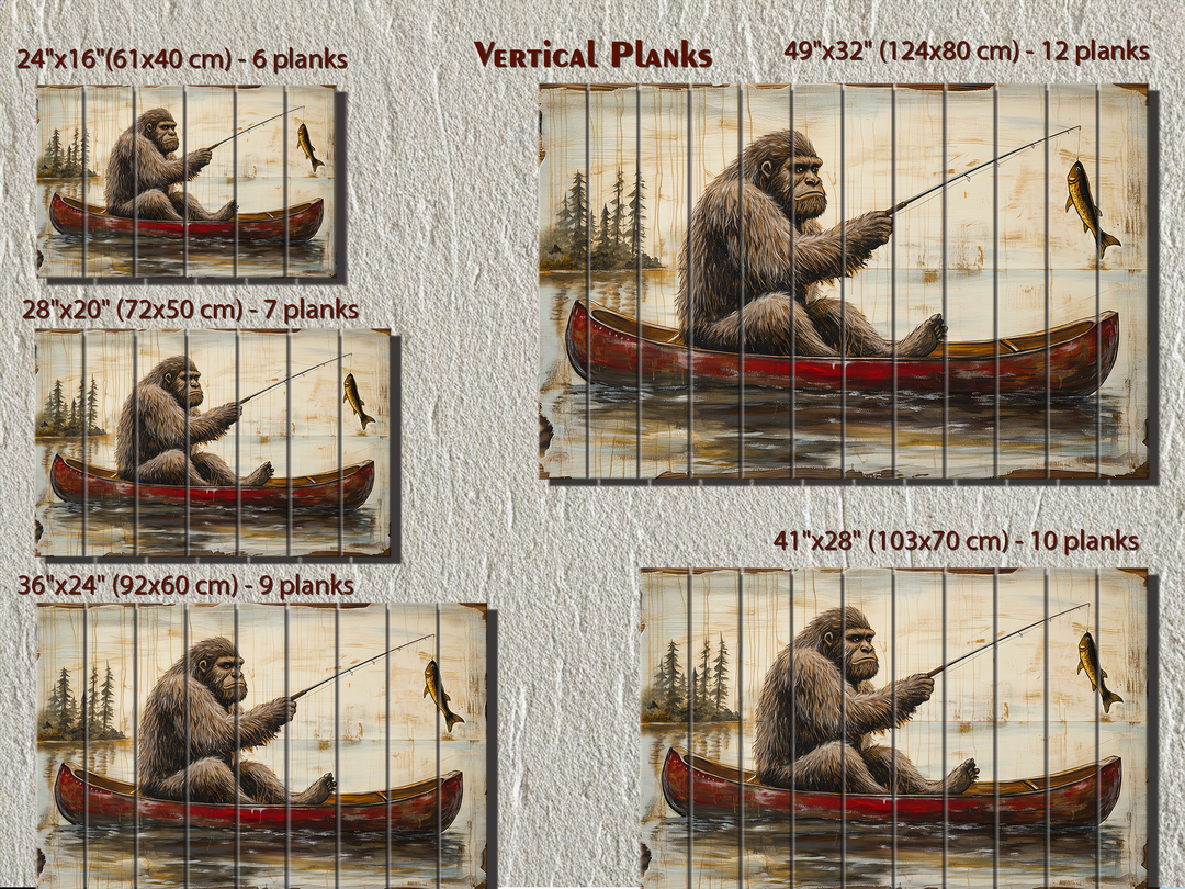 Bigfoot fishing in a red canoe on vertical wood planks, available in five sizes.