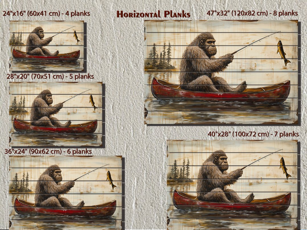 Bigfoot fishing in a red canoe on distressed wood wall art, available in five horizontal sizes.