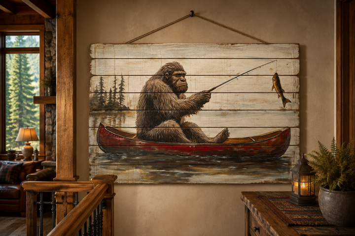 Bigfoot fishing in a red canoe on a distressed wood plank wall art piece in a rustic cabin.