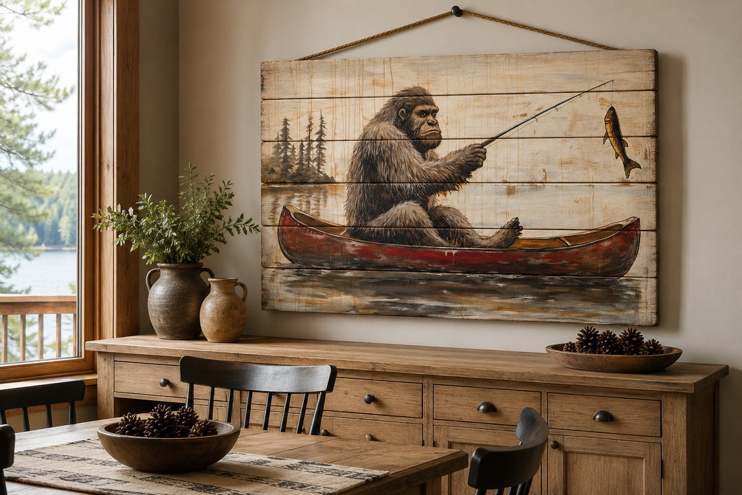 Bigfoot fishing in a red canoe on a distressed wood plank wall art piece in a rustic dining room.