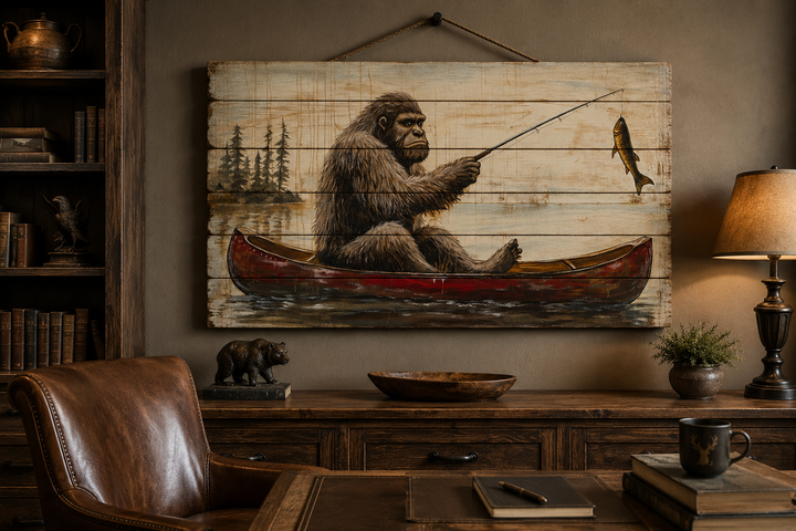 Bigfoot fishing in a red canoe on a distressed wood plank wall art piece in a rustic office.