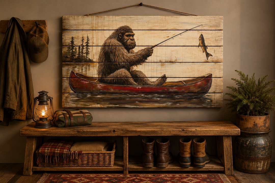 Bigfoot fishing in a red canoe on a distressed wood plank wall art piece in a rustic mudroom.