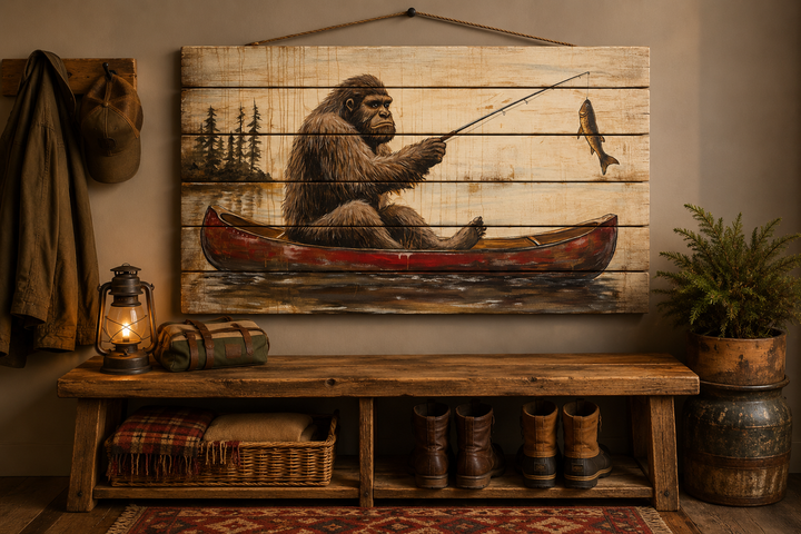 Bigfoot fishing in a red canoe on a distressed wood plank wall art piece in a rustic mudroom.