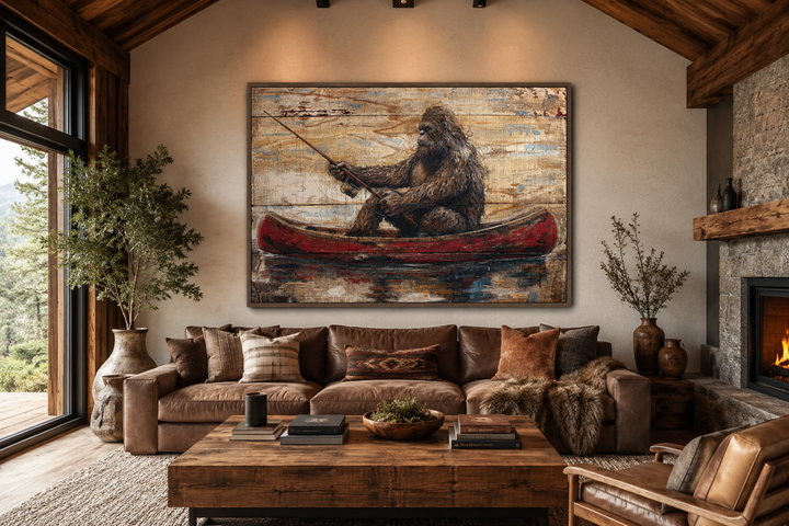 Rustic framed canvas wall art of Bigfoot fishing in a red canoe above a brown leather sofa.