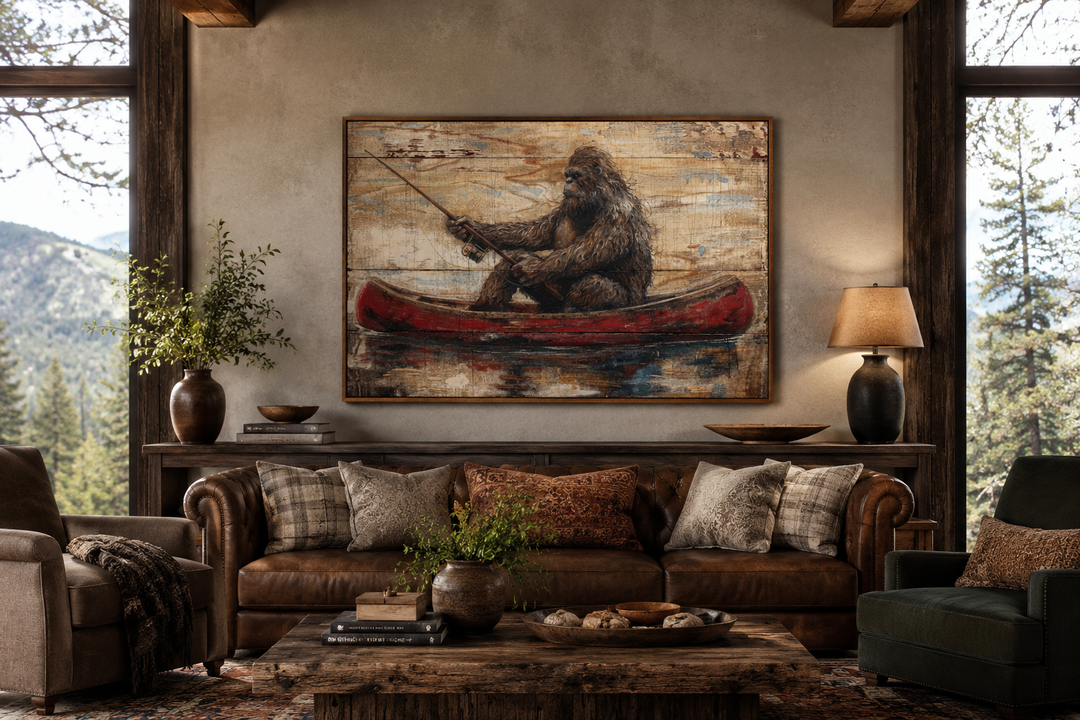 Bigfoot in a red canoe fishing, rustic framed canvas wall art in a cozy cabin living room.