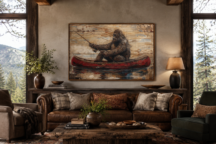 Bigfoot in a red canoe fishing, rustic framed canvas wall art in a cozy cabin living room.
