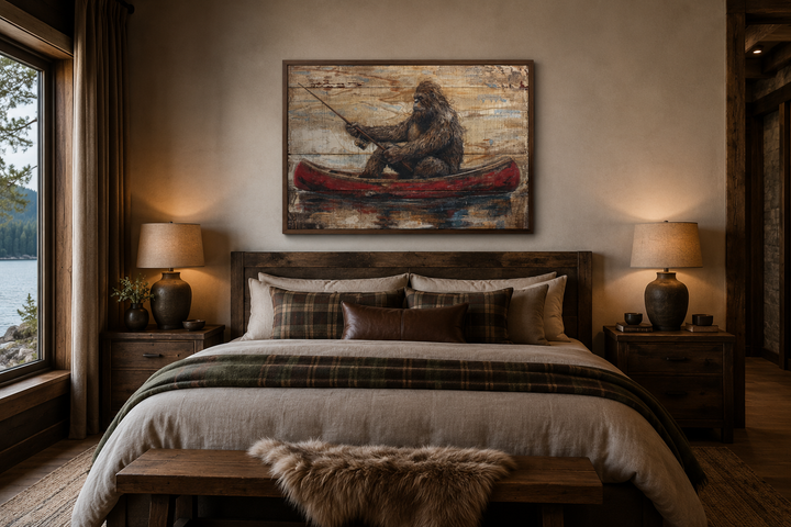 Bigfoot in a red canoe fishing, rustic framed canvas wall art above a bed in a cabin bedroom.