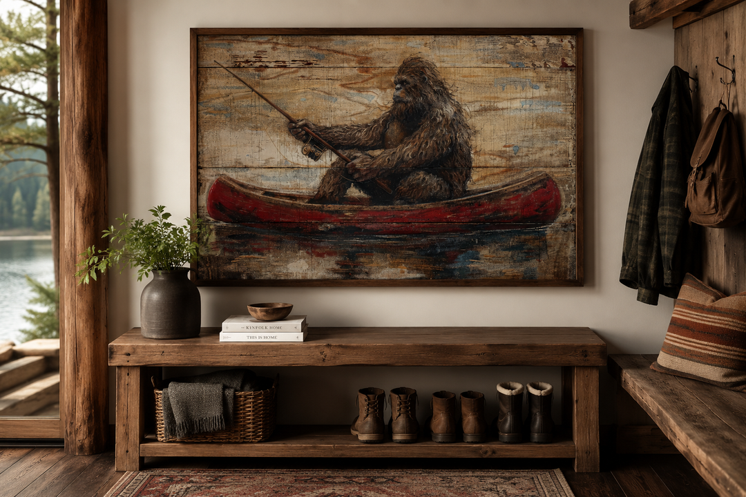 Rustic framed canvas wall art of Bigfoot fishing in a red canoe, displayed in a cabin entryway.