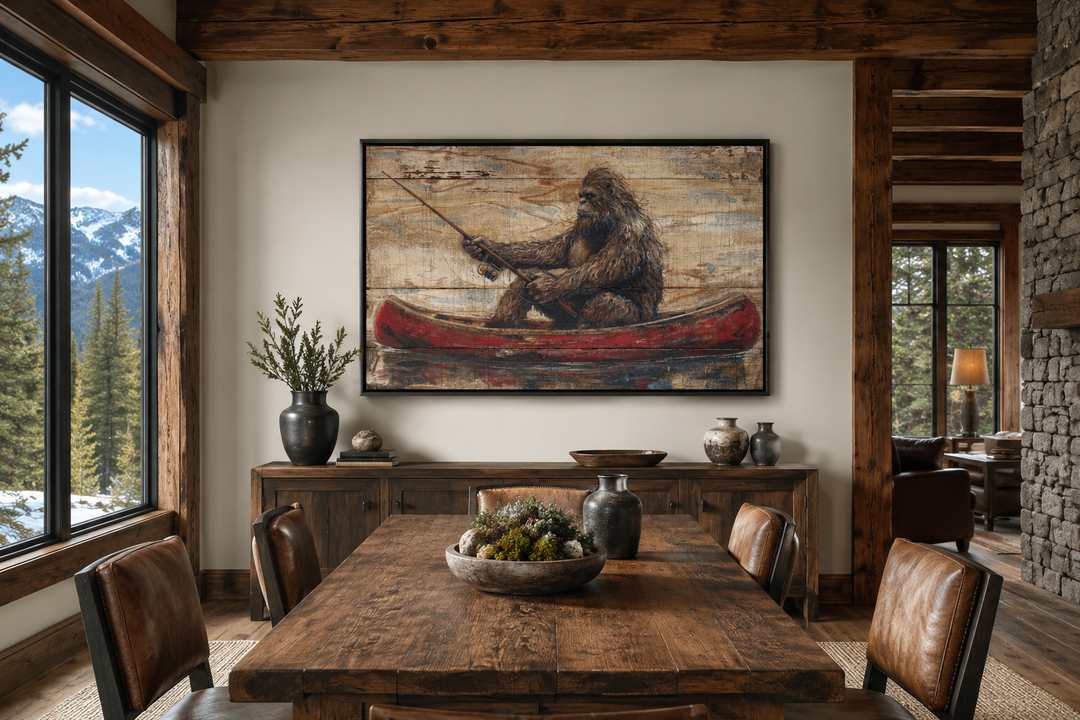 Rustic framed canvas wall art of Bigfoot fishing in a red canoe, hanging in a cabin dining room.