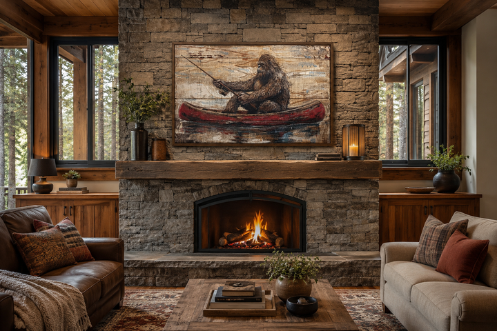 Bigfoot in a canoe rustic framed canvas wall art hanging above a stone fireplace in a cozy cabin.