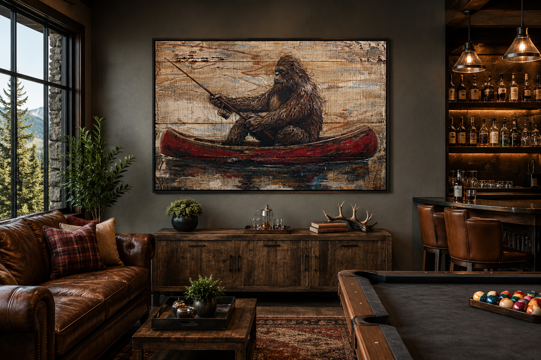 Bigfoot in a red canoe fishing, rustic framed canvas wall art in a cozy cabin-style man cave.