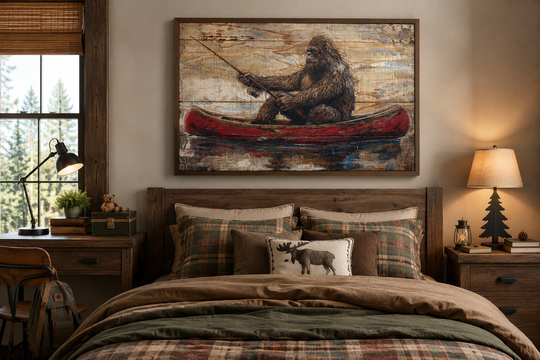 Bigfoot in a red canoe fishing, rustic framed canvas wall art above a bed in a cabin-style room.