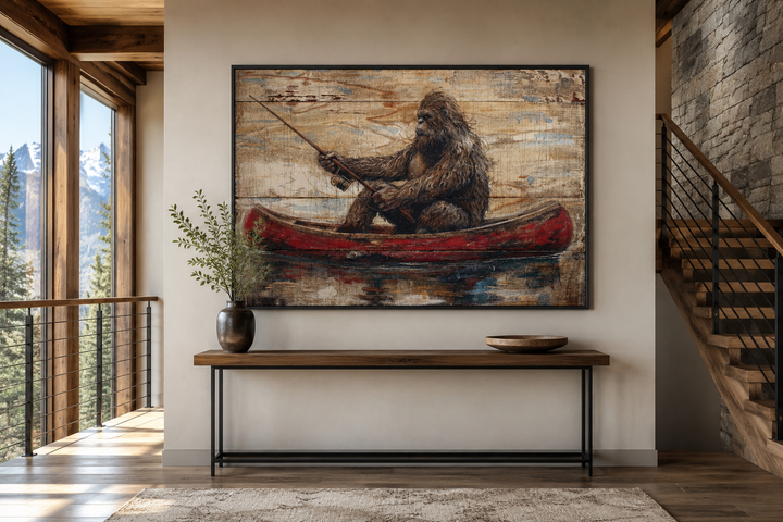 Rustic framed canvas wall art of Bigfoot fishing in a red canoe, displayed above a console table.