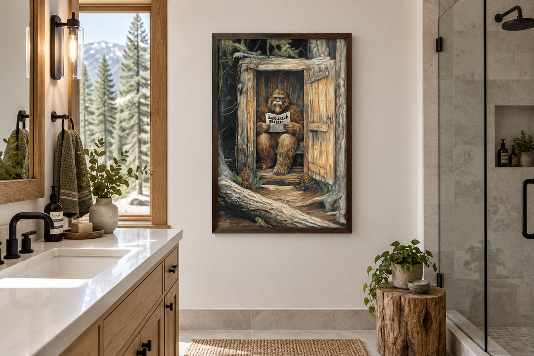 Bigfoot in an outhouse reading a newspaper canvas wall art in a rustic cabin bathroom.
