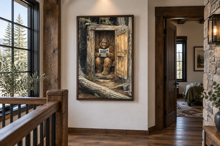 Bigfoot reading a newspaper in a wooden outhouse, framed canvas wall art in a rustic cabin hallway.