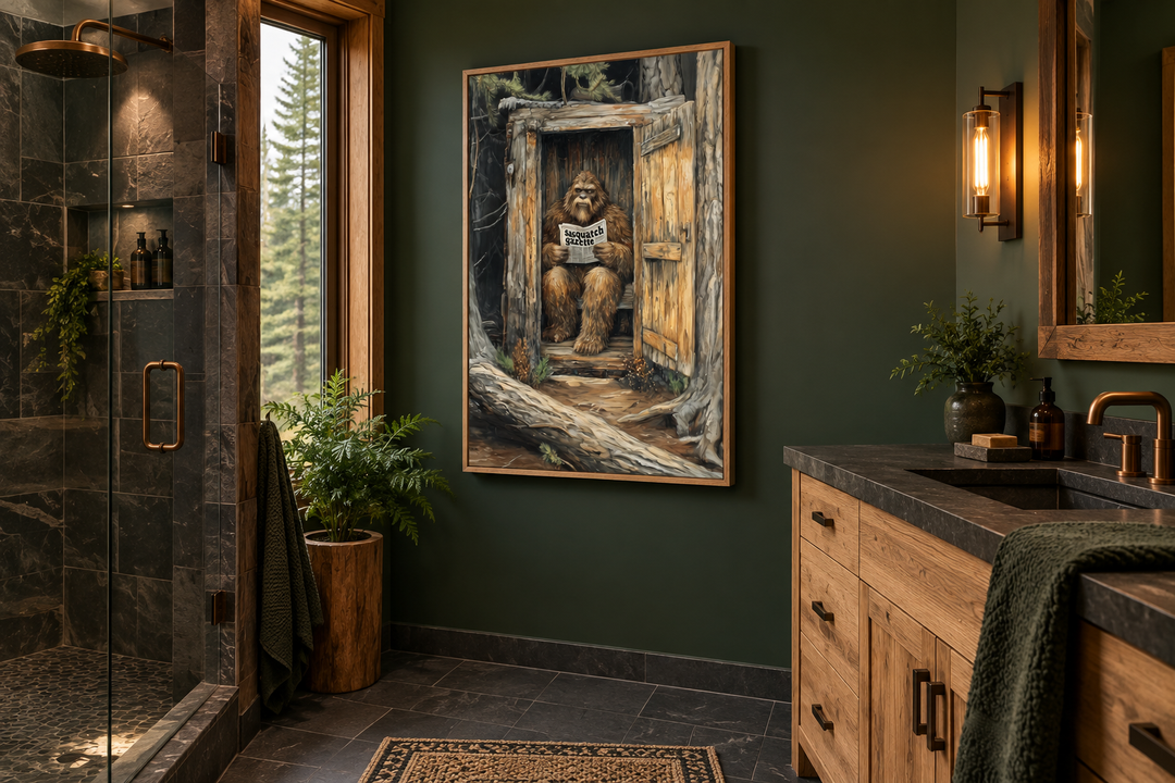 Bigfoot in outhouse reading newspaper canvas wall art in a rustic cabin-style bathroom.