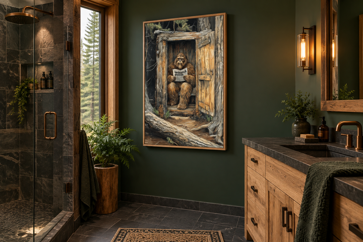 Bigfoot in outhouse reading newspaper canvas wall art in a rustic cabin-style bathroom.
