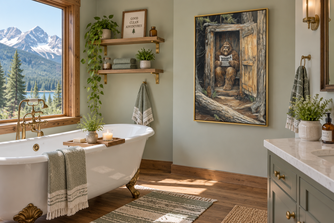 Bigfoot in an outhouse reading a newspaper canvas wall art in a rustic cabin bathroom.