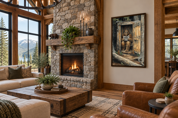 Bigfoot in an outhouse reading a newspaper canvas wall art hanging in a rustic living room.