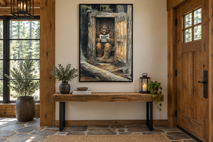 Bigfoot in outhouse reading a newspaper canvas wall art above a wooden console table in a cabin.