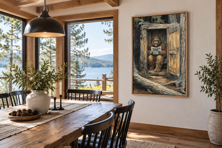 Bigfoot in an outhouse reading a newspaper canvas wall art in a rustic dining room setting.