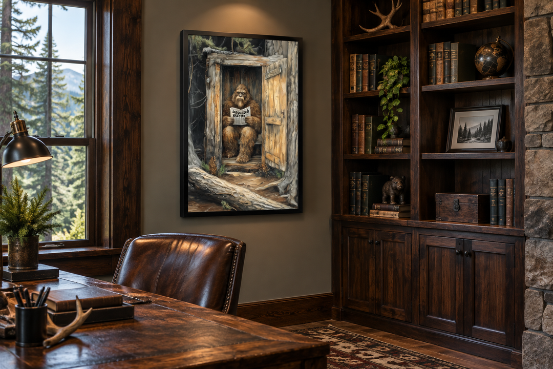 Bigfoot in an outhouse reading a newspaper canvas wall art in a rustic cabin office setting.