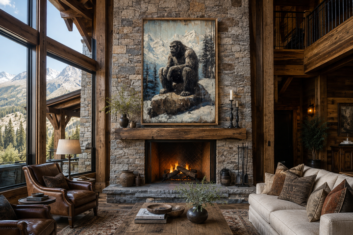 Framed wood-effect canvas wall art of Bigfoot sitting in snowy mountains above a stone fireplace.