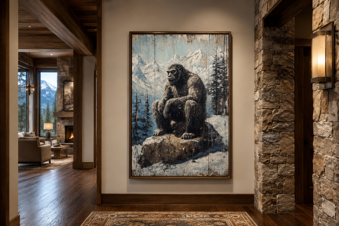 Bigfoot in snowy mountains painting on wood framed canvas wall art in a rustic home hallway.
