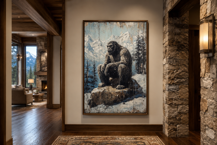 Bigfoot in snowy mountains painting on wood framed canvas wall art in a rustic home hallway.