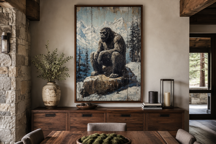 Framed canvas wall art of Bigfoot sitting on a rock in a snowy mountain landscape.
