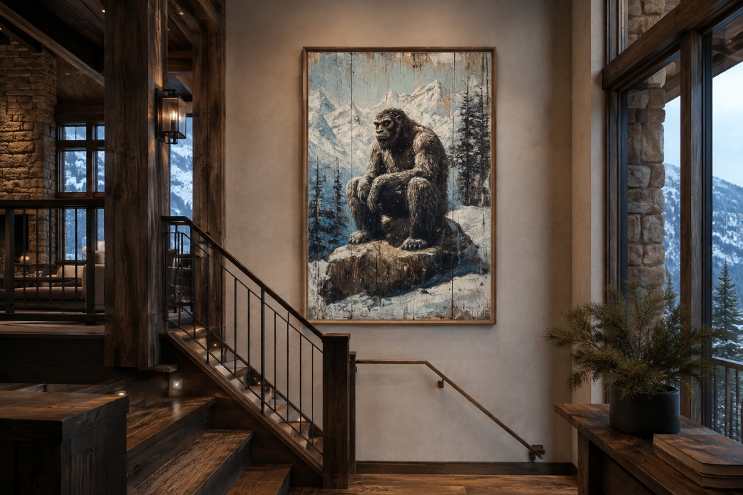 Framed wood-effect canvas wall art of Bigfoot sitting on a rock in a snowy mountain landscape.
