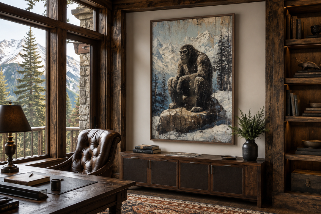 Framed Bigfoot painting on wood-effect canvas in a rustic office with mountain views.