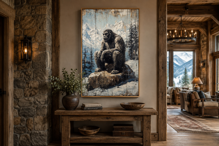 Bigfoot painting on wood-effect framed canvas, depicting a Sasquatch in a snowy mountain landscape.