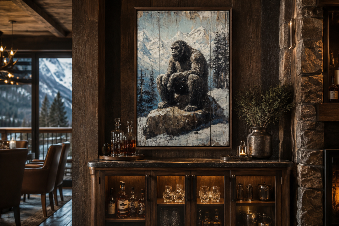 Framed Bigfoot painting on wood-effect canvas above a rustic home bar in a mountain lodge.