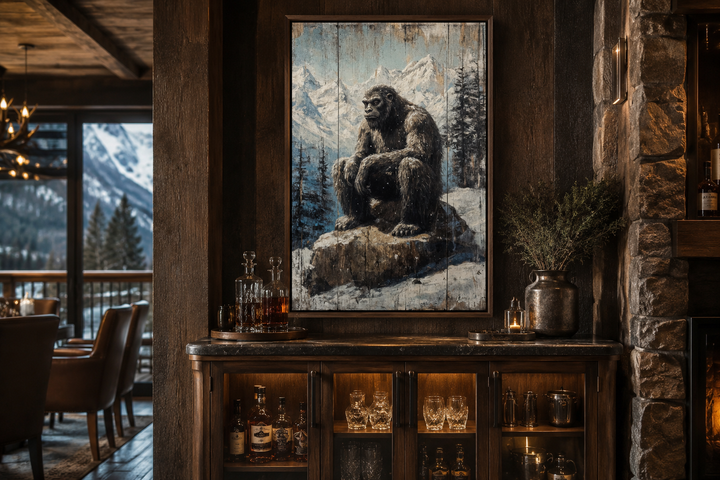 Framed Bigfoot painting on wood-effect canvas above a rustic home bar in a mountain lodge.