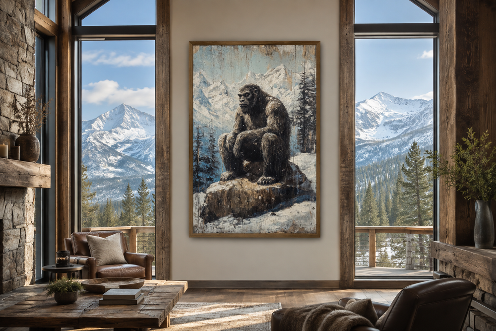 Bigfoot walking through a snowy mountain forest on a wood-textured framed canvas.