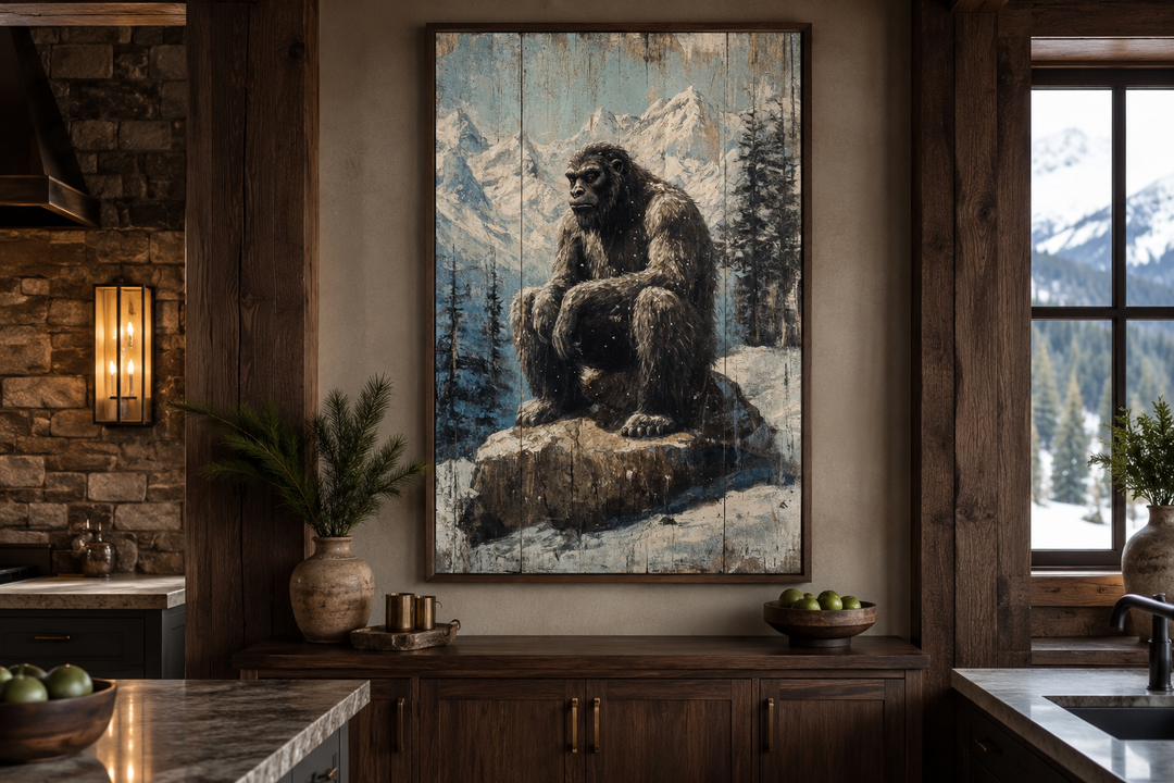 Framed wood-effect canvas art of Bigfoot sitting on a rock in a snowy mountain landscape.