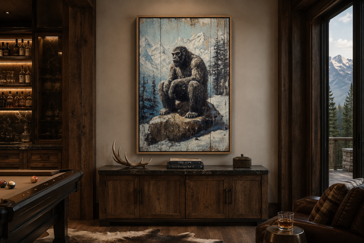 Bigfoot in snowy mountains painting on wood-effect framed canvas in a rustic lodge setting.