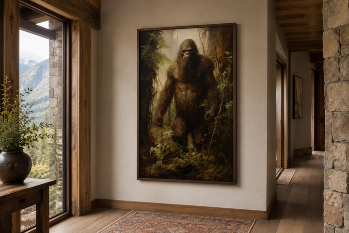 Framed canvas wall art of Bigfoot in a dense forest, displayed in a rustic cabin interior.