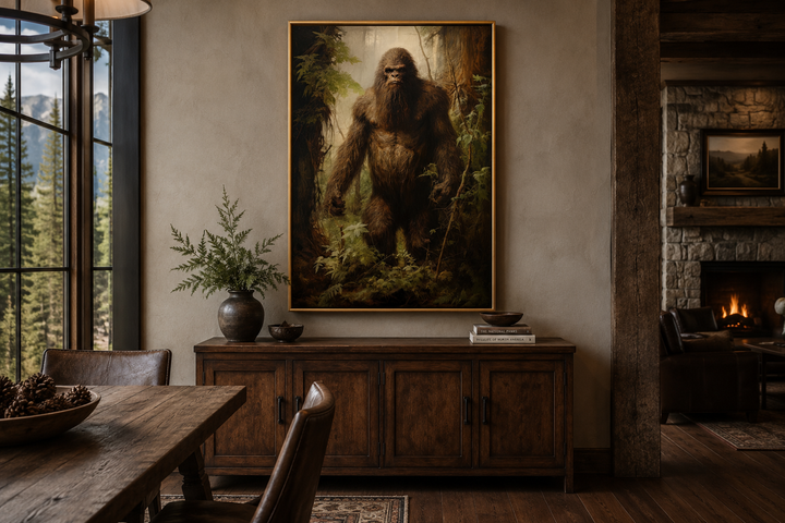 Framed canvas wall art of Bigfoot in a dense forest, displayed in a rustic dining room.