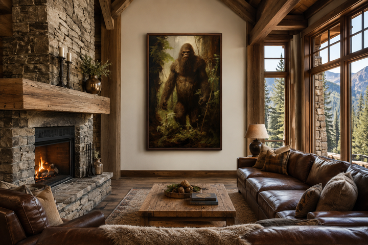 Bigfoot in the Forest framed canvas wall art hanging above a fireplace in a rustic cabin living room.