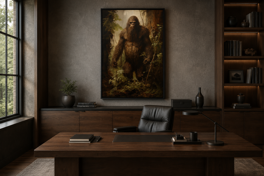 Bigfoot in the Forest framed canvas wall art hanging in a dark wood office above a desk.