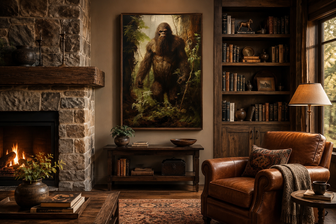 Bigfoot in the Forest framed canvas wall art displayed above a console table in a rustic room.